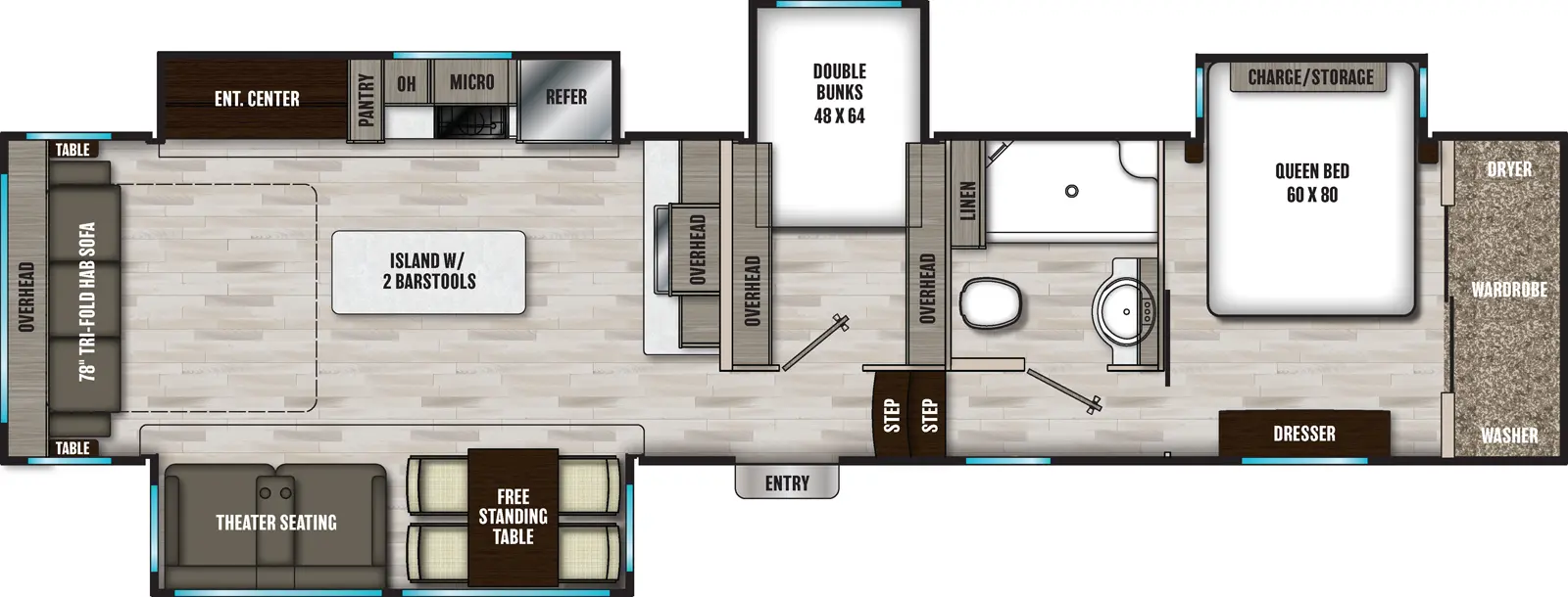 The 360BH has four slideouts and one entry. Interior layout front to back: front bedroom with off-door side queen bed slideout, front wardrobe with washer and dryer, and door side dresser; off-door side full bathroom with linen closet; two steps down to entry, and off-door side bunk room with double bunks and overhead cabinets; counter and overhead cabinet along inner wall; kitchen island with two barstools; off-door side slideout with refrigerator, microwave, countertop, pantry, and entertainment center; door side slideout with free-standing table and theater seating; rear tri-fold hide-a-bed sofa with overhead cabinet and tables on each side.